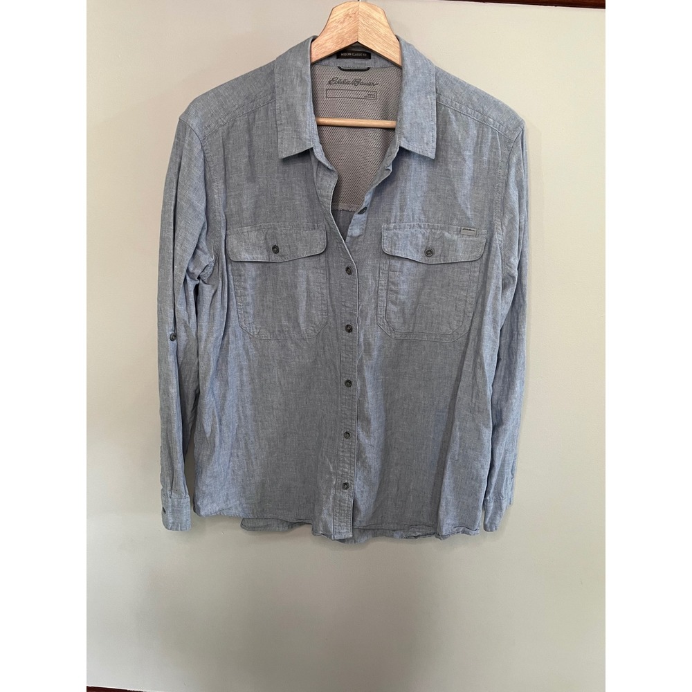 Eddie Bauer Men Modern Classic Fit Linen Blend Ventilated Hiking Shirt Blue L